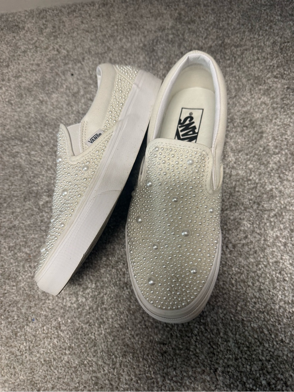 Pearl-Embellished White Slip-On Vans - Women's - Picture 2 of 4